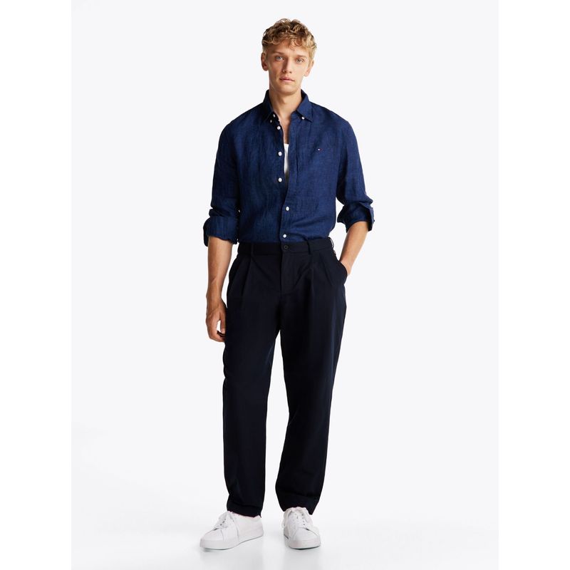 TOMMY HILFIGER - Camisa azul de lino solida con logo Tommy Hilfiger