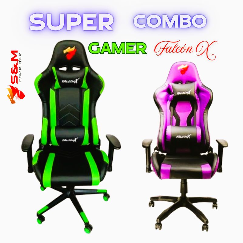 FALCON X - Super Combo Silla Gamer Falcón X 010 Black Green + 205 Purple Black
