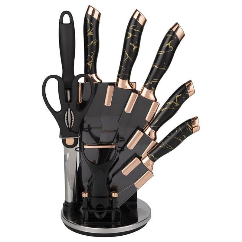 GENERICO - Juego De Cuchillos En Acero X8 Pcs + Base Giratoria Abanico Negro