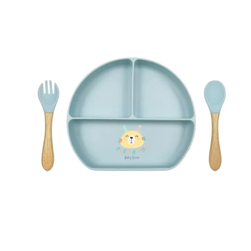 GENERICO - Plato En Silicona Con Succión + Cubiertos Nuevo Celeste