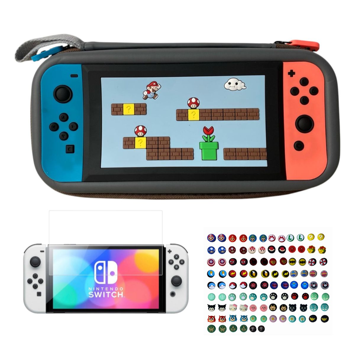 GENERICO - Estuche Edicion Mundo Negro + Vidrio + 2 Grips Para Switch OLED