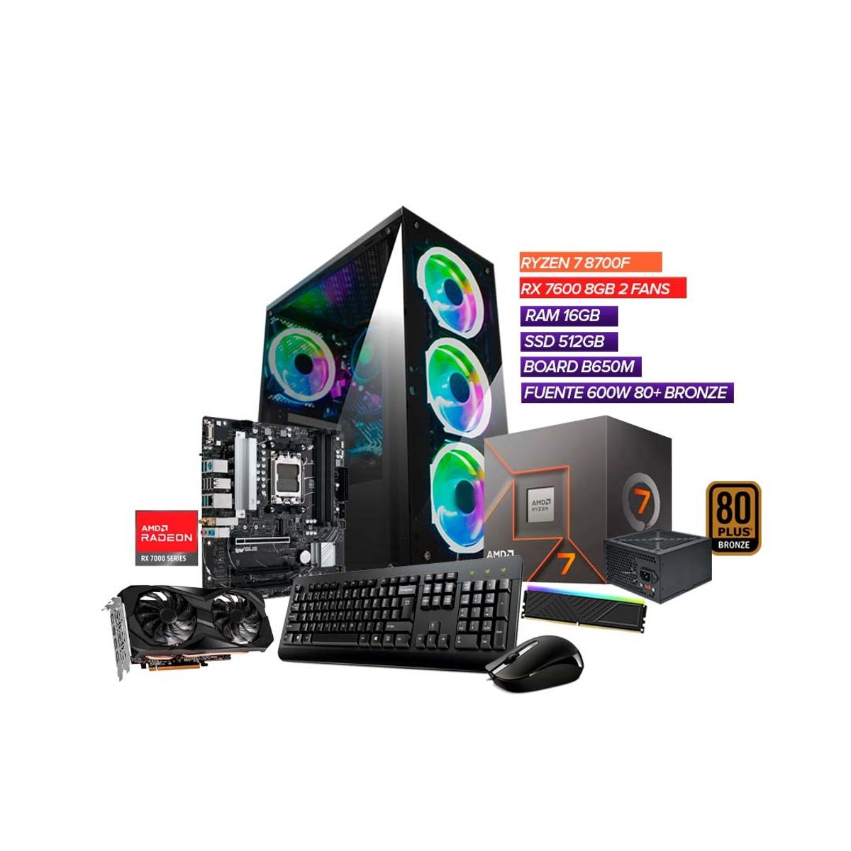 AMD - Torre Gamer RyzeN 7 8700F / RX 7600 8GB / RAM 16GB / 512GB / B650M / 600W 80+
