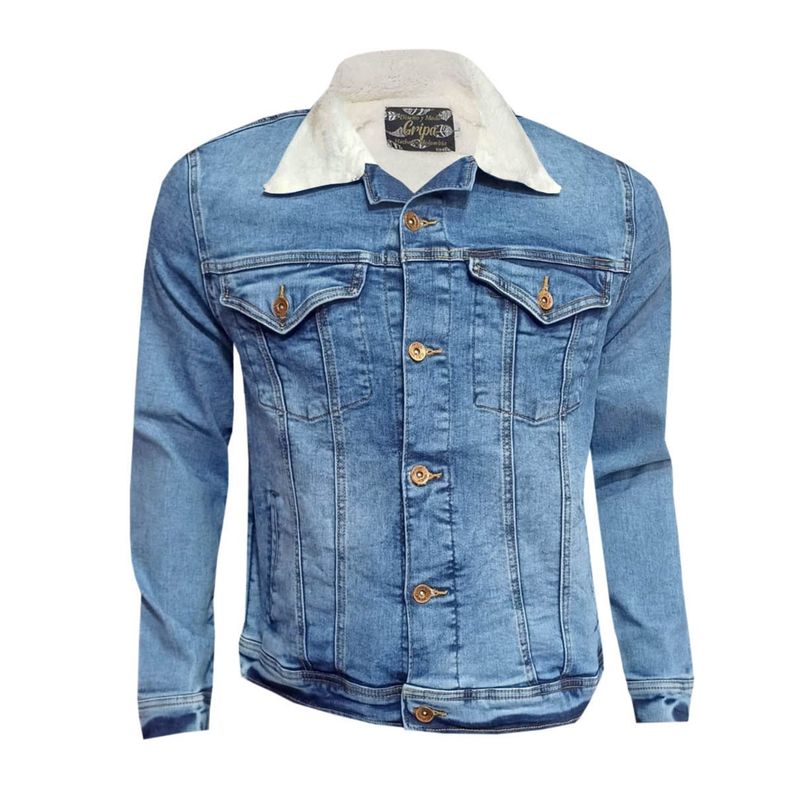 MODA EN CIRCUITO - Chaqueta de Jean para Hombre Azul Desgastado Forrada en Ovejero Blanco