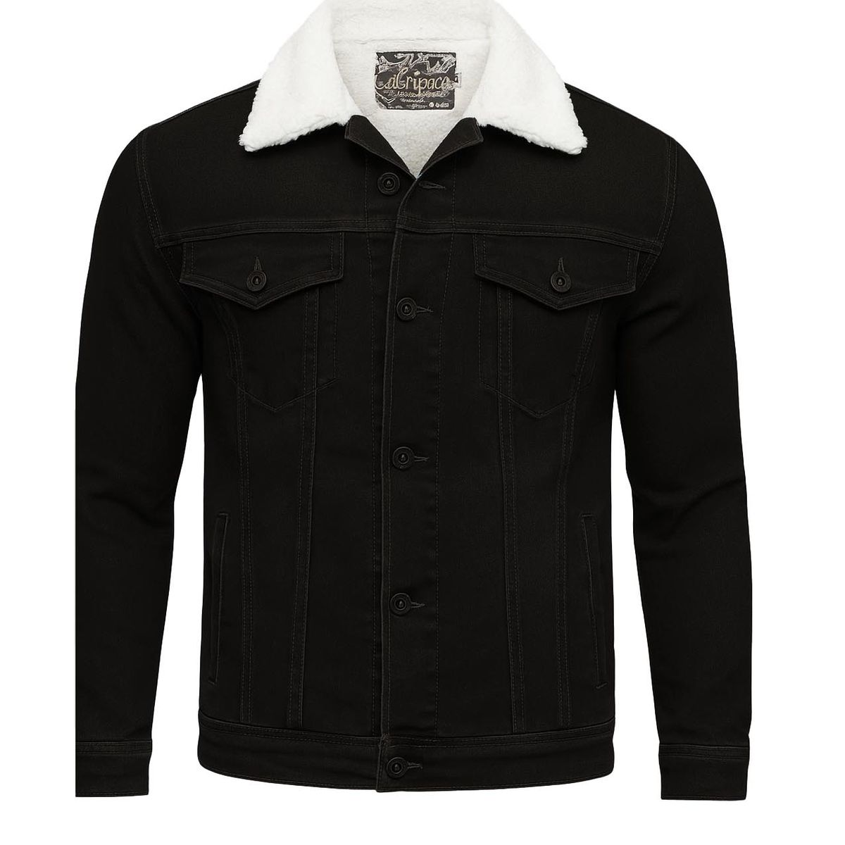 MODA EN CIRCUITO - Chaqueta de Jean para Hombre Negra Forrada en Ovejero Blanco