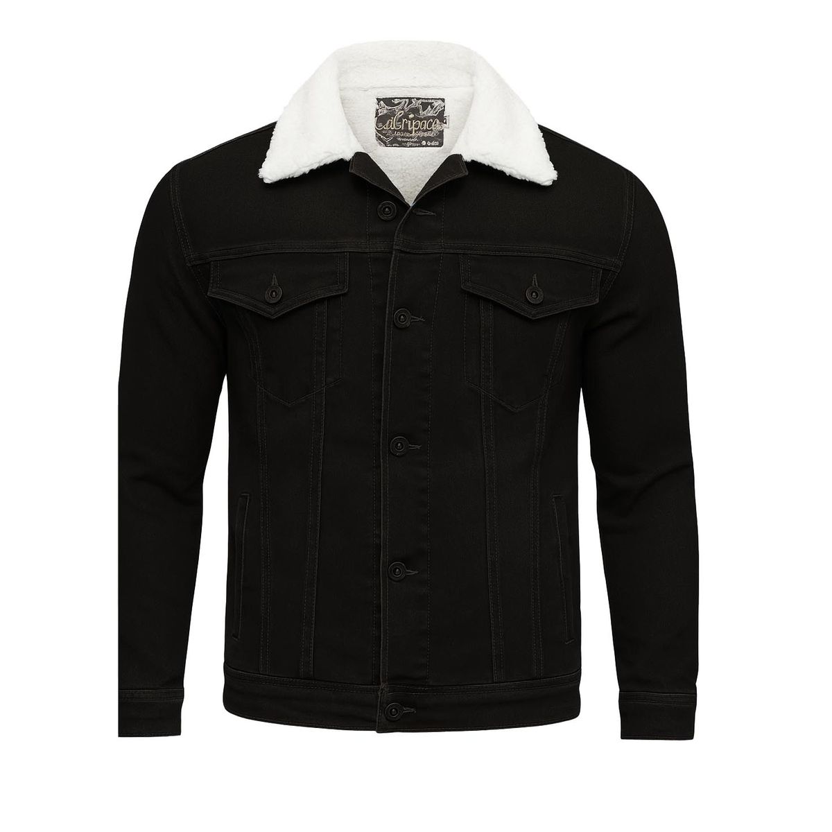 MODA EN CIRCUITO - Chaqueta de Jean para Hombre Negra Forrada en Ovejero Blanco