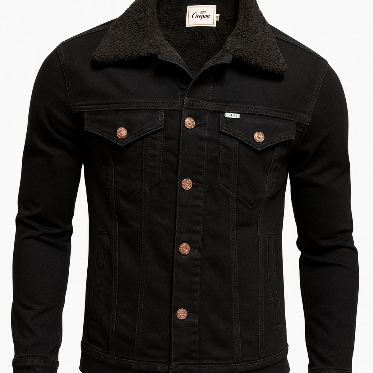 MODA EN CIRCUITO - Chaqueta de Jean para Hombre Negra Forrada en Ovejero Negro