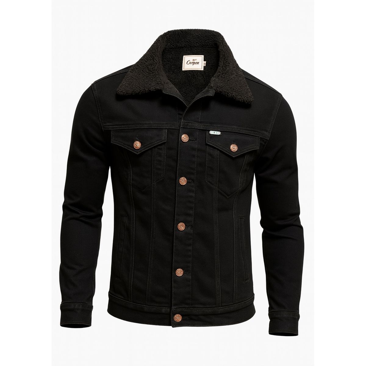 MODA EN CIRCUITO - Chaqueta de Jean para Hombre Negra Forrada en Ovejero Negro