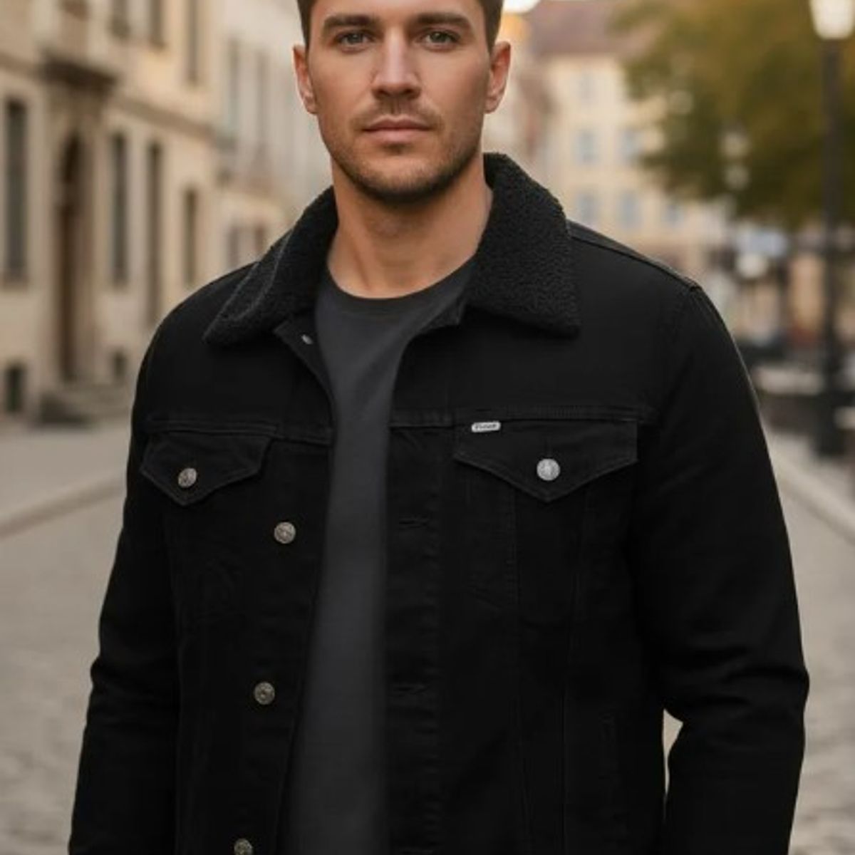 MODA EN CIRCUITO - Chaqueta de Jean para Hombre Negra Forrada en Ovejero Negro