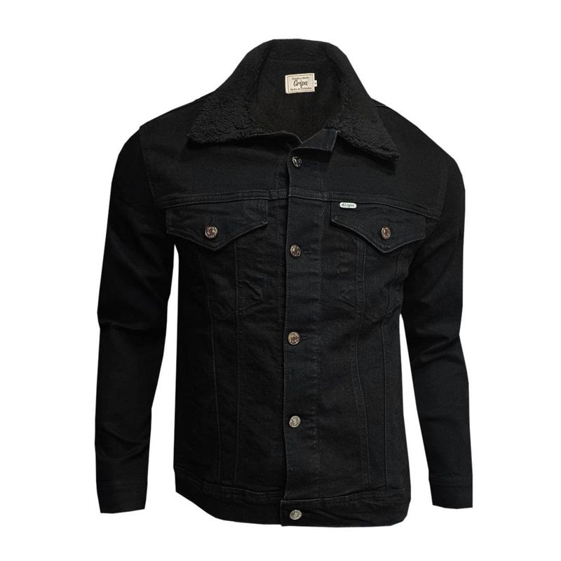 MODA EN CIRCUITO - Chaqueta de Jean para Hombre Negra Forrada en Ovejero Negro