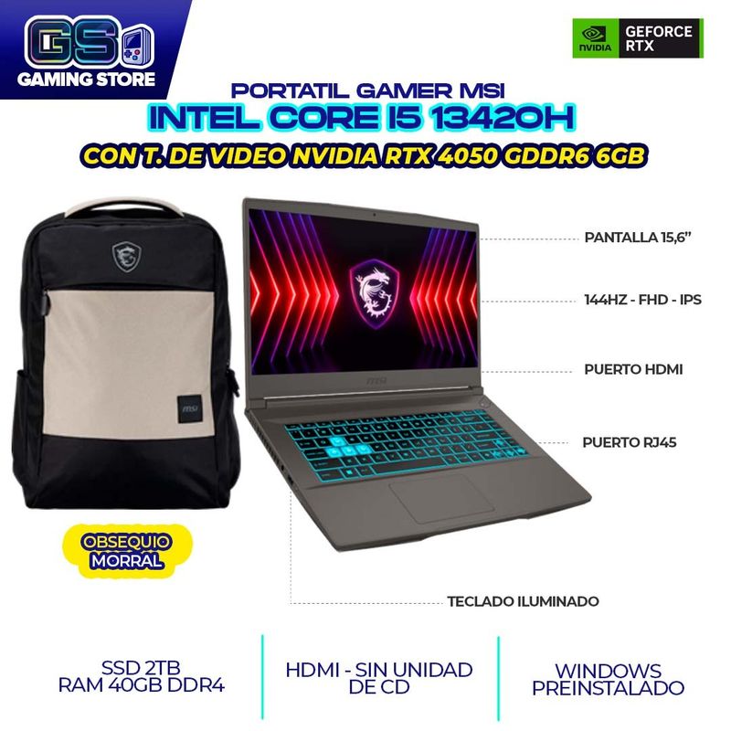 MSI - PORTATIL MSI THIN INTEL CI5-13420H RTX4050 6GB RAM 40GB SSD 2TB 15.6 - 144HZ - IPS