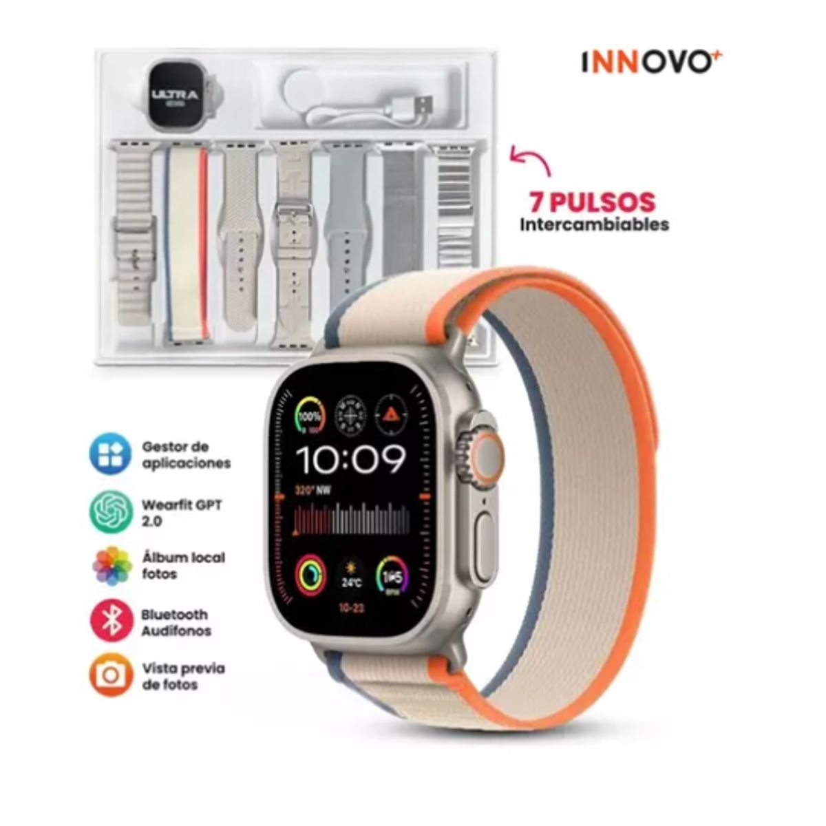 INNOVA - Smartwach Amoled Mobulaa 7 Correas Naranjas H9 Ultra Notificaciones