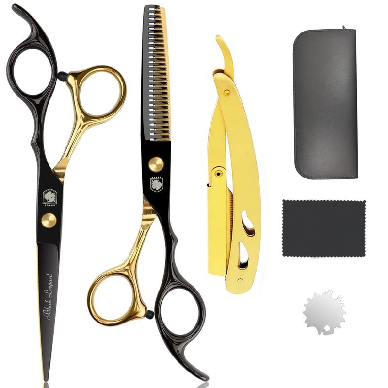 GENERICO - Set tijeras profesionales peluqueria Black Leopard BlackGold + Navaja