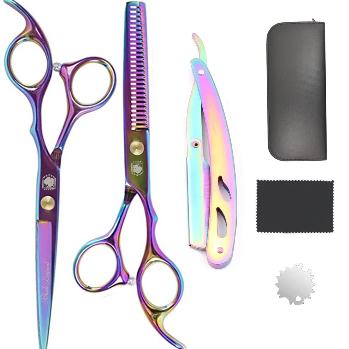 GENERICO - Set tijeras profesionales peluqueria Black Leopard Titanium + Navaja
