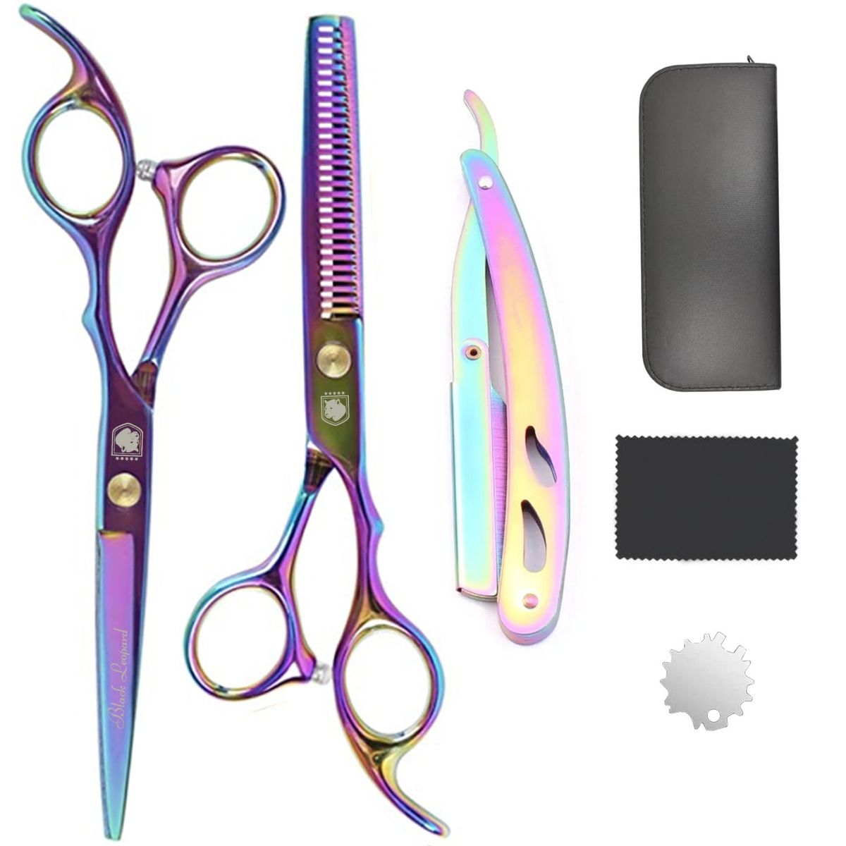 GENERICO - Set tijeras profesionales peluqueria Black Leopard Titanium + Navaja