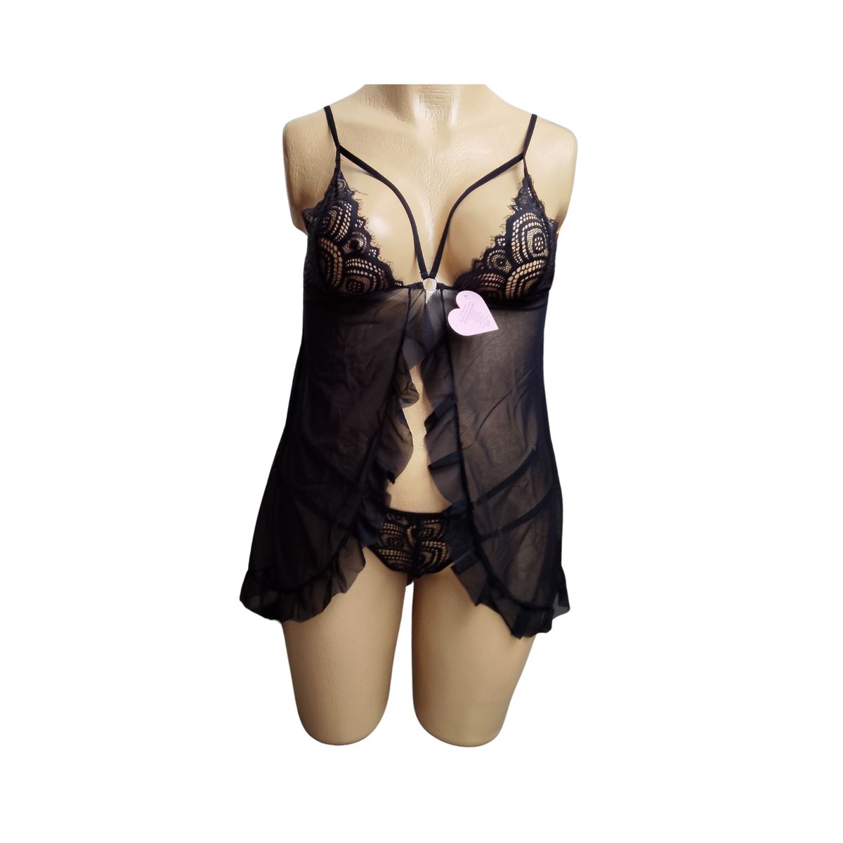 GENERICO - Baby Doll con Tanga Hilo Negro en encaje XXL Curvy Sensual