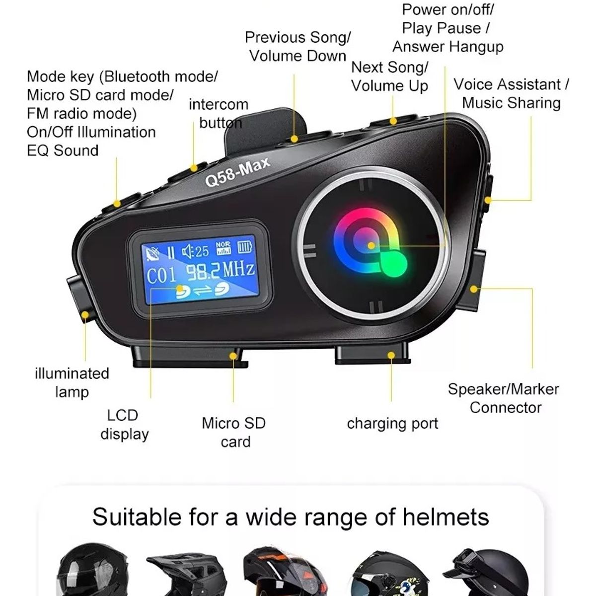 GENERICO - Intercomunicador Q58-max Bluetooth Casco Moto Fm Música 25hr