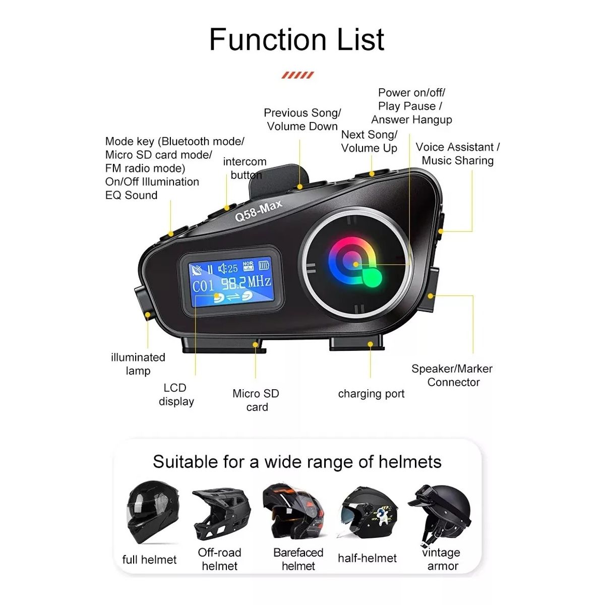 GENERICO - Intercomunicador Q58-max Bluetooth Casco Moto Fm Música 25hr