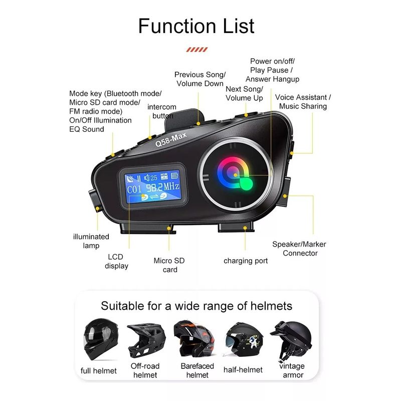 GENERICO - Intercomunicador Q58-max Bluetooth Casco Moto Fm Música 25hr