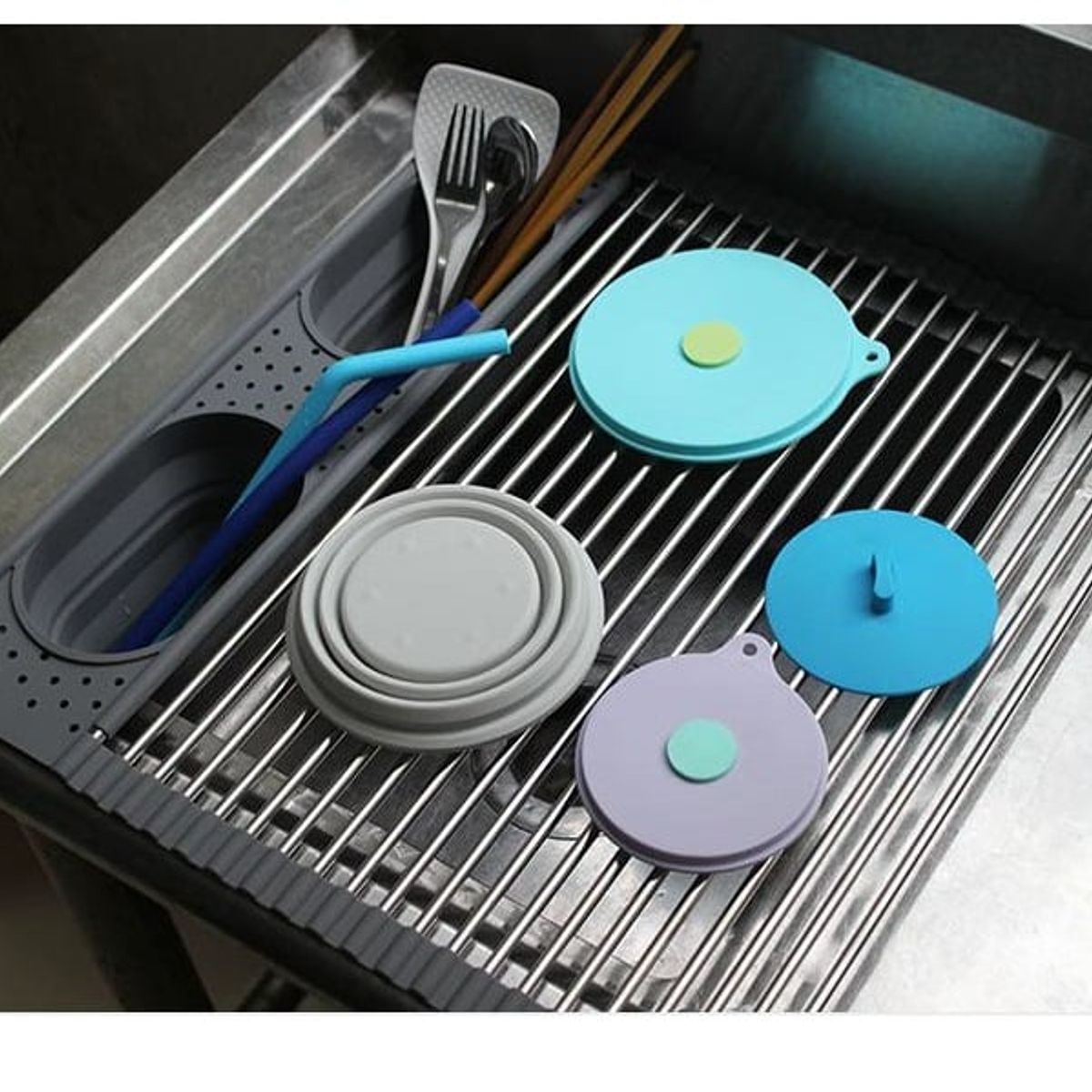 GENERICO - Escurridor de platos plegable multiuso con 2 cestas de almacenamiento