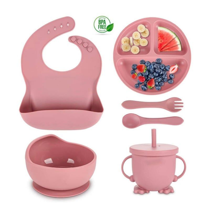 GENERICO - Set de Vajilla Cubiertos Silicona Para Bebé 6 Piezas Babero