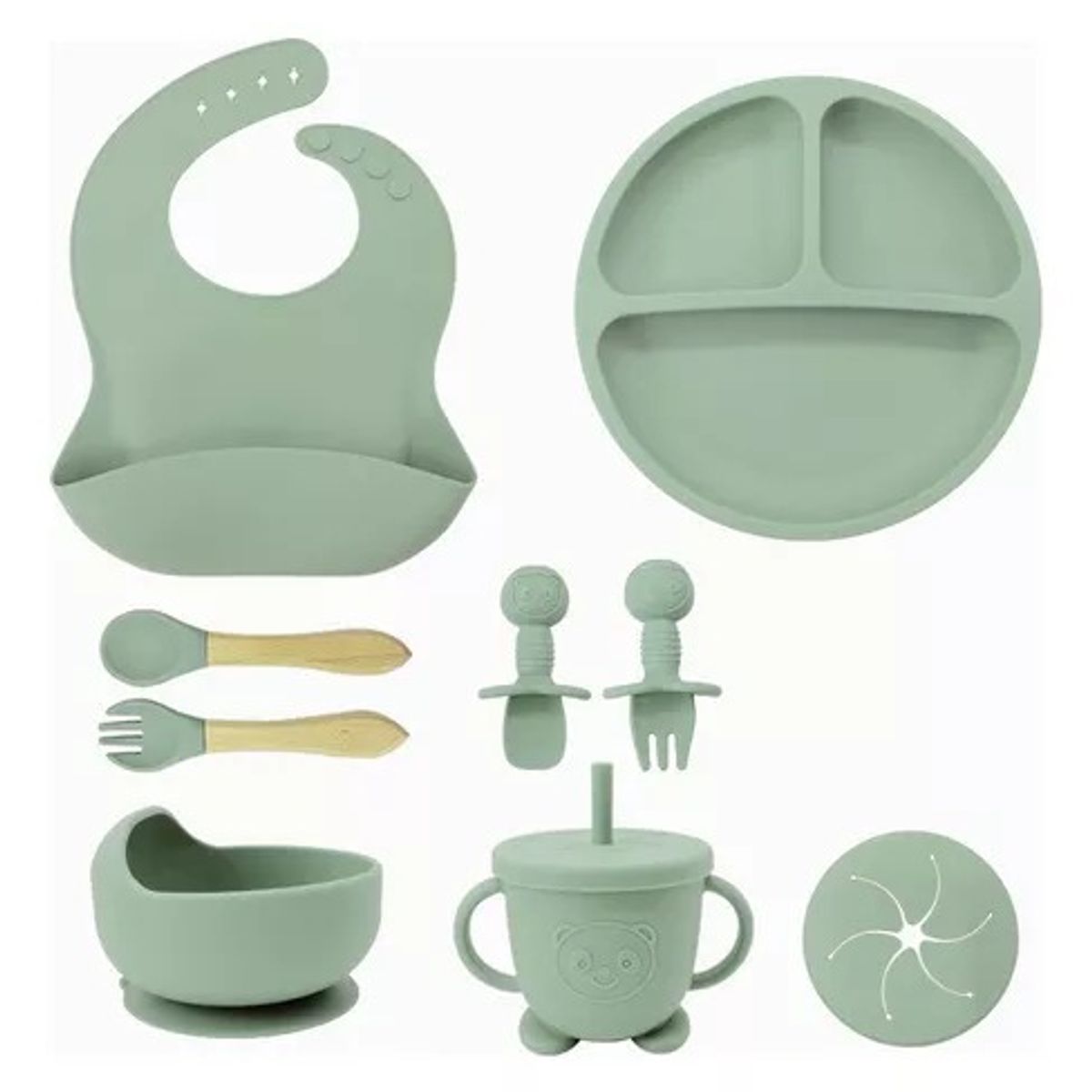 GENERICO - Set de Vajilla Cubiertos Silicona Para Bebé 6 Piezas Babero