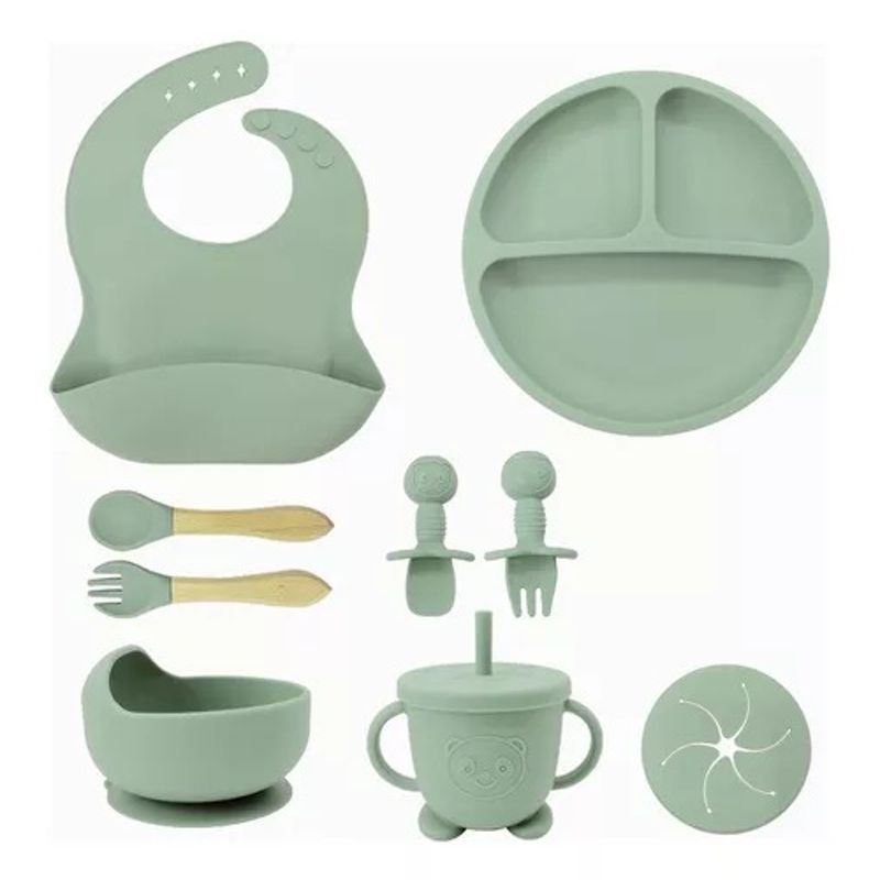 GENERICO - Kit Alimentación Bebe Vajilla Silicona Plato Babero 8 Piezas