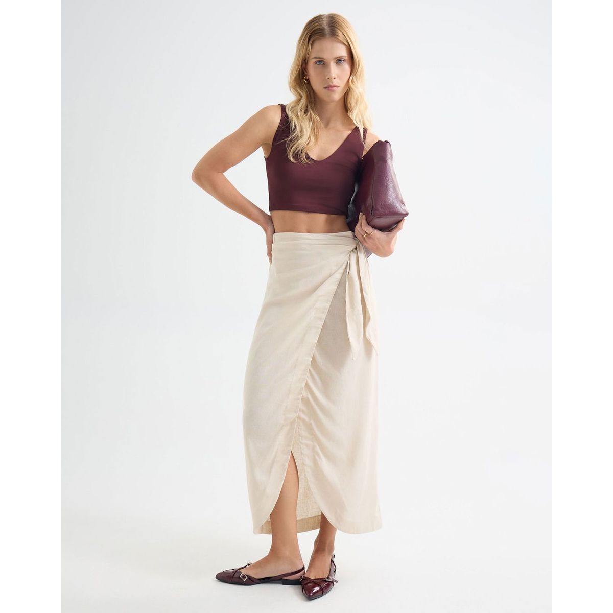 SEVEN SEVEN - Falda En Efecto Lino  Para Mujer Arena Seven Seven
