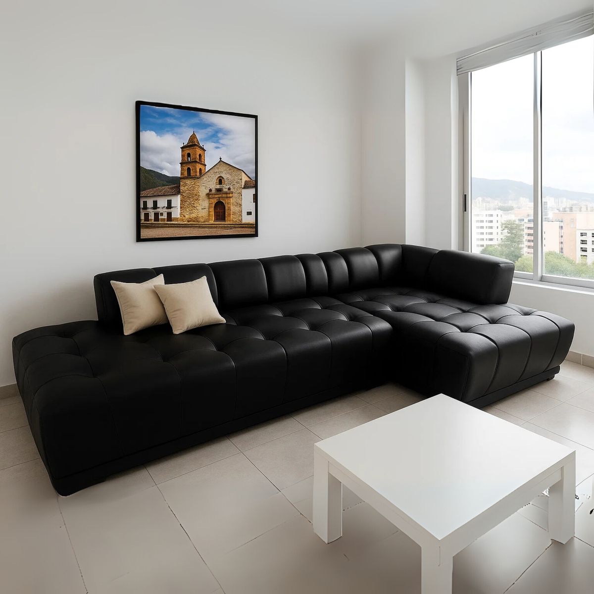 GENERICO - Sofá en L Derecho Hanna Cuerina 281x100x71 Negro 4 Puestos