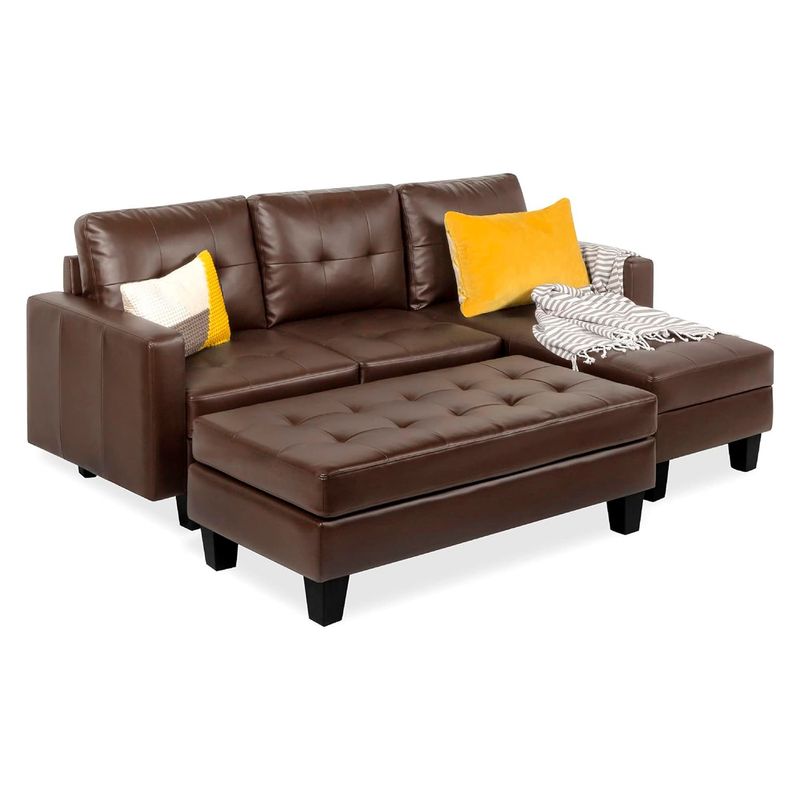GENERICO - Sofá en L Derecho Kazan Cuerina 214x80x83 Marrón 3 Puestos