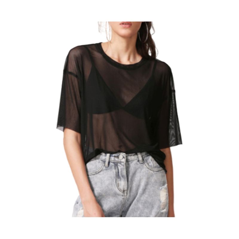 VIA7 - Blusa larga en malla manga corta ancha suelta