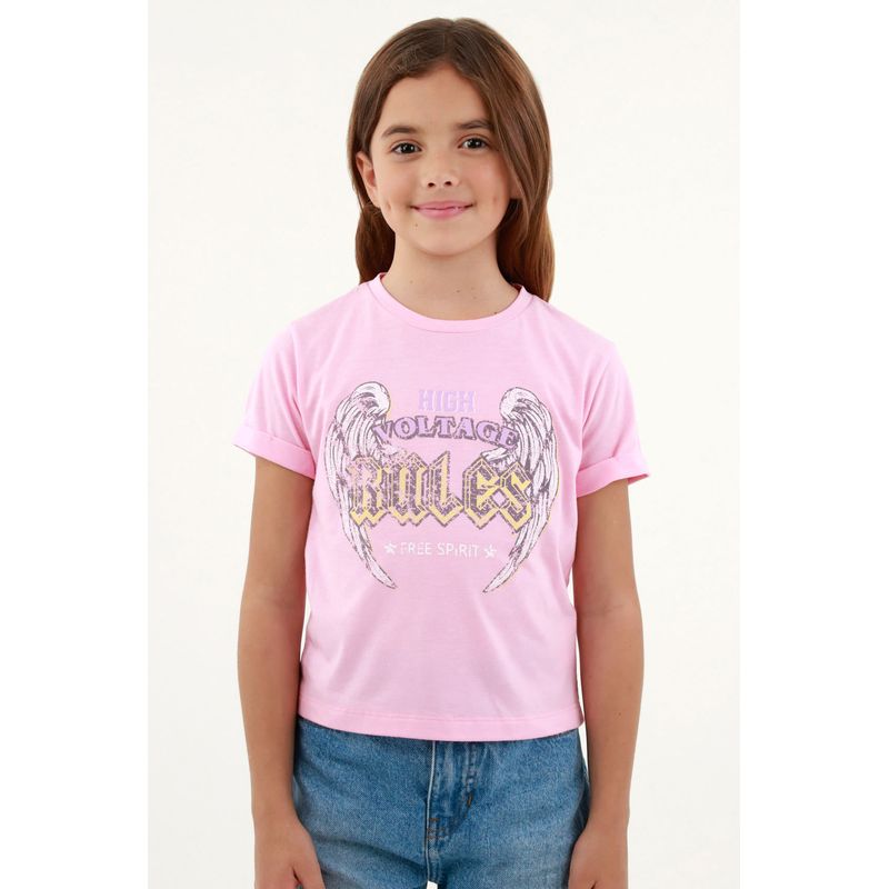 TENNIS - Camiseta básica rosada estampada para niña