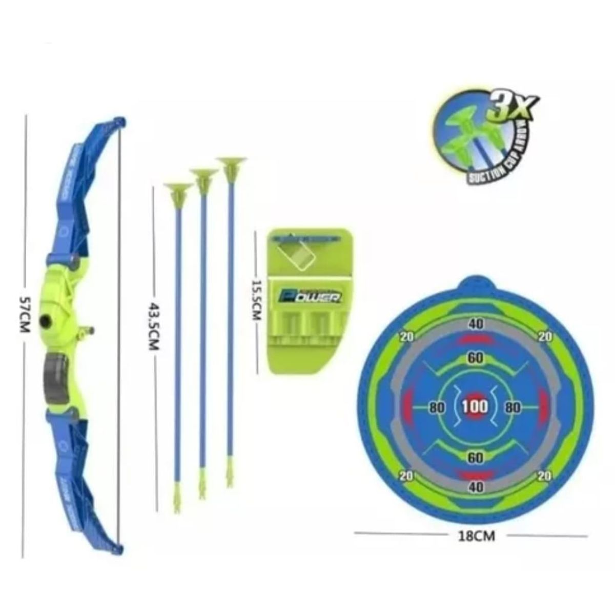 GENERICO - Arco  57 Cm Con 3 Flechas Y Blanco De Tiro verde con azul