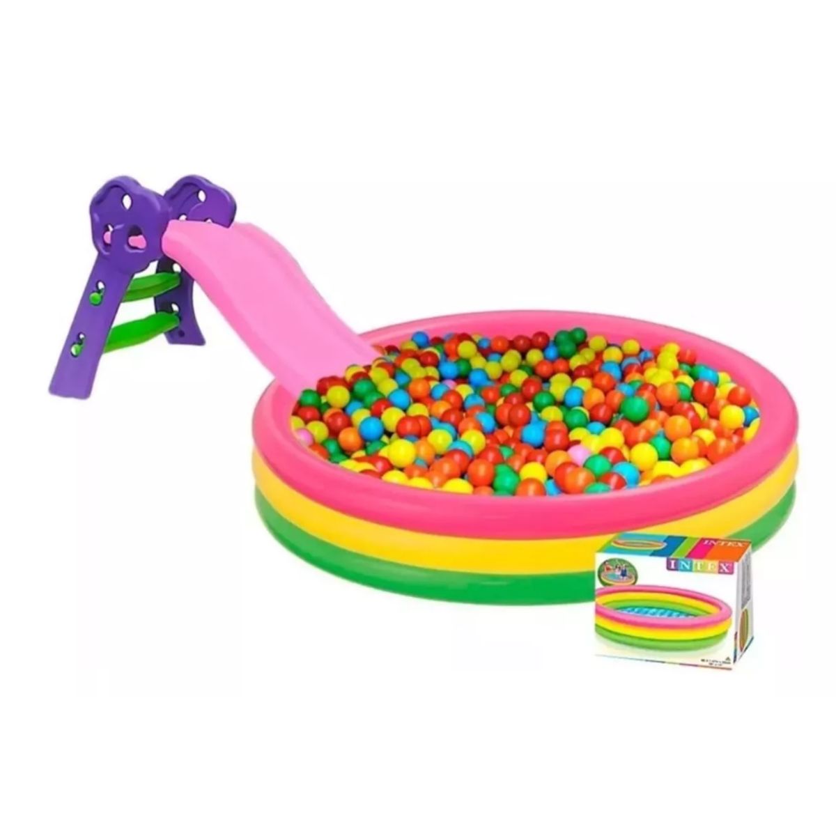 INTEX - Piscina Inflable 168 + 200 Pelotas, Inflador y Rodadero Rosa