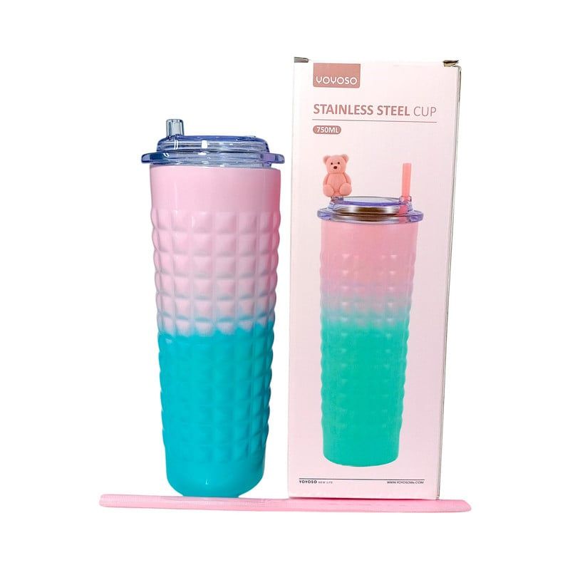 YOYOSO - TERMO INSULADO ROSADO AZUL CON PITILLO - 750ML