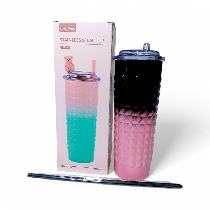 YOYOSO - TERMO INSULADO NEGRO ROSADO CON PITILLO - 750ML
