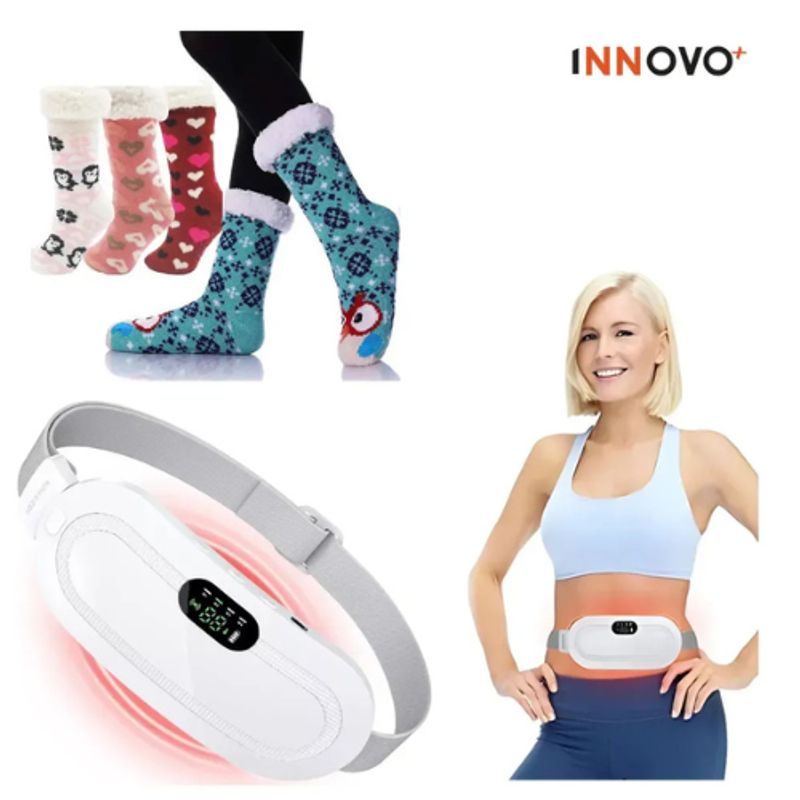 INNOVA - Combo Cinturón Térmico Alivia Cólicos Blanco + Medias Térmicas Peluche