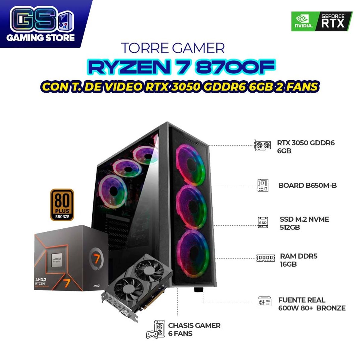 AMD - PC GAMER R7 8700F RTX3050 6GB RAM 16GB DDR5 SSD 512GB BOARD B650 CHASIS 6FANS RGB