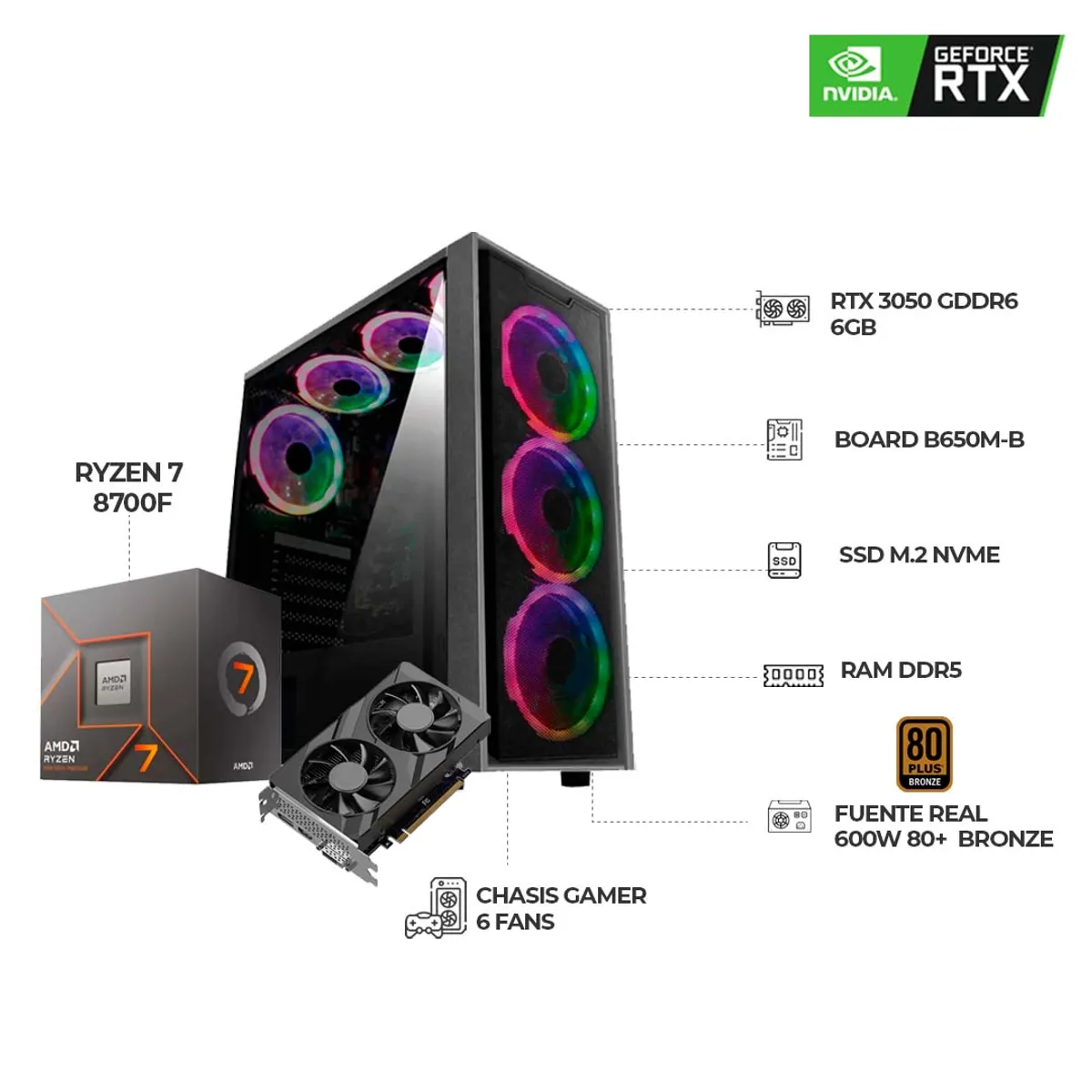 AMD - PC GAMER R7 8700F RTX3050 6GB RAM 16GB DDR5 SSD 512GB BOARD B650 CHASIS 6FANS RGB