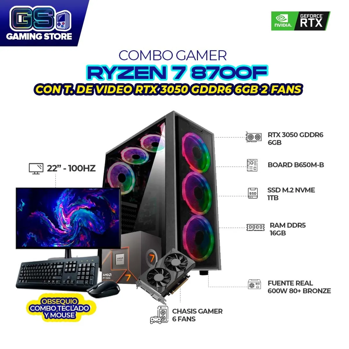 AMD - PC GAMER R7 8700F RTX3050 6GB RAM 16GB DDR5 SSD 1TB BOARD B650 + MONITOR 22 FHD