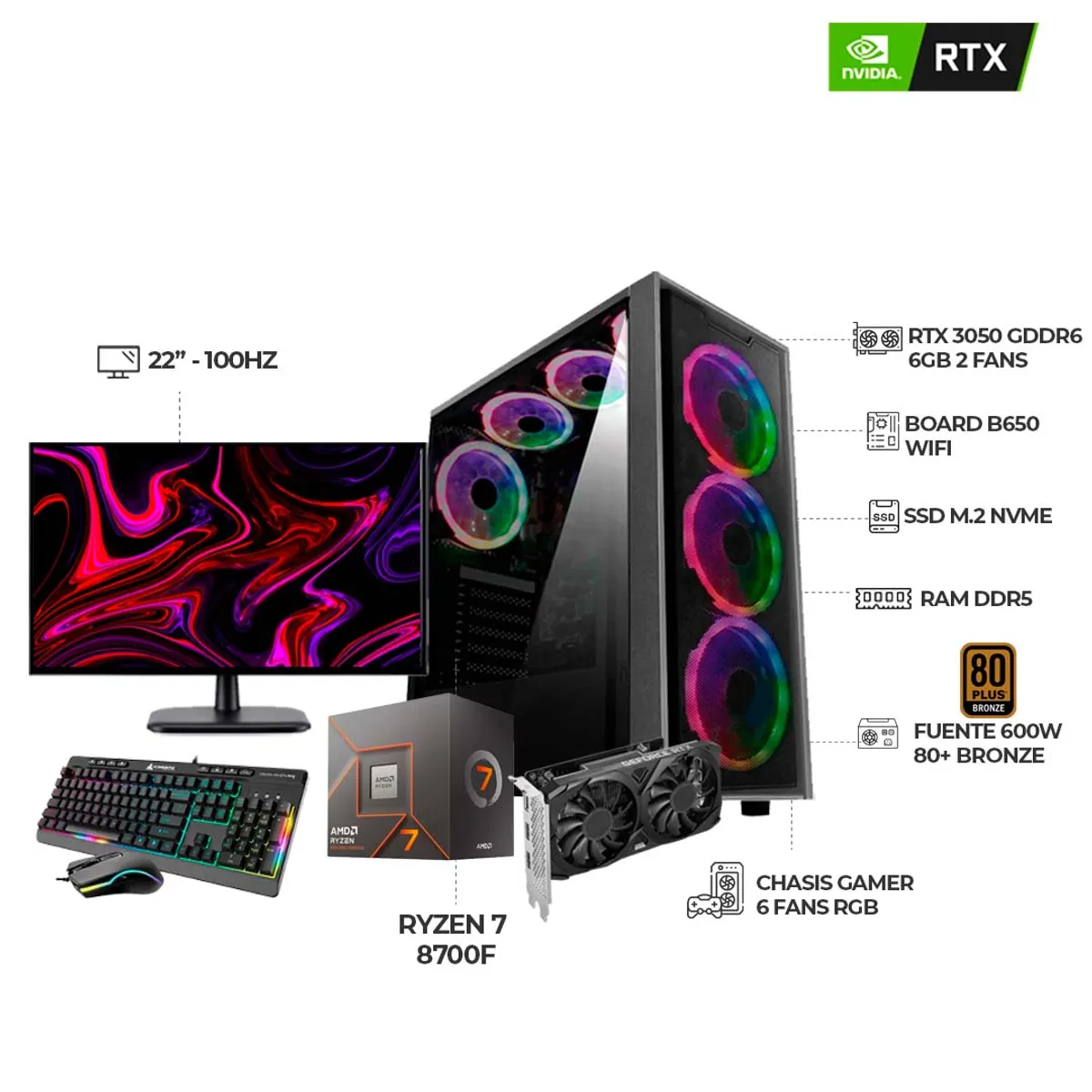 AMD - PC GAMER R7 8700F RTX3050 6GB RAM 16GB DDR5 SSD 1TB BOARD B650 + MONITOR 22 FHD