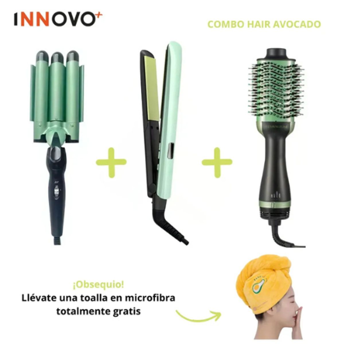 INNOVA - Combo Aguacate Cepillo Secador + Plancha + Pinza Sirena + Obsequio