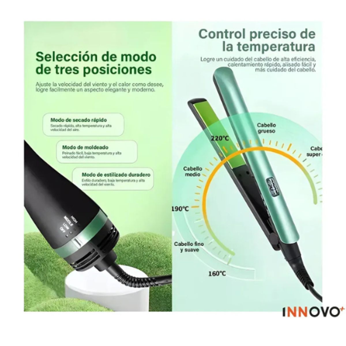 INNOVA - Combo Aguacate Cepillo Secador + Plancha + Pinza Sirena + Obsequio