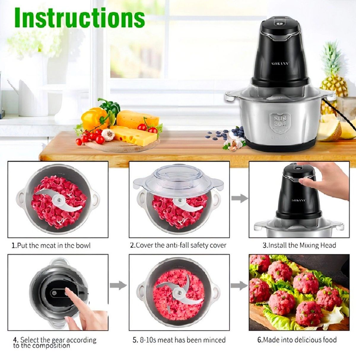 SOKANY - Procesador alimentos picadora taza en acero 2 litros potente 400 watts