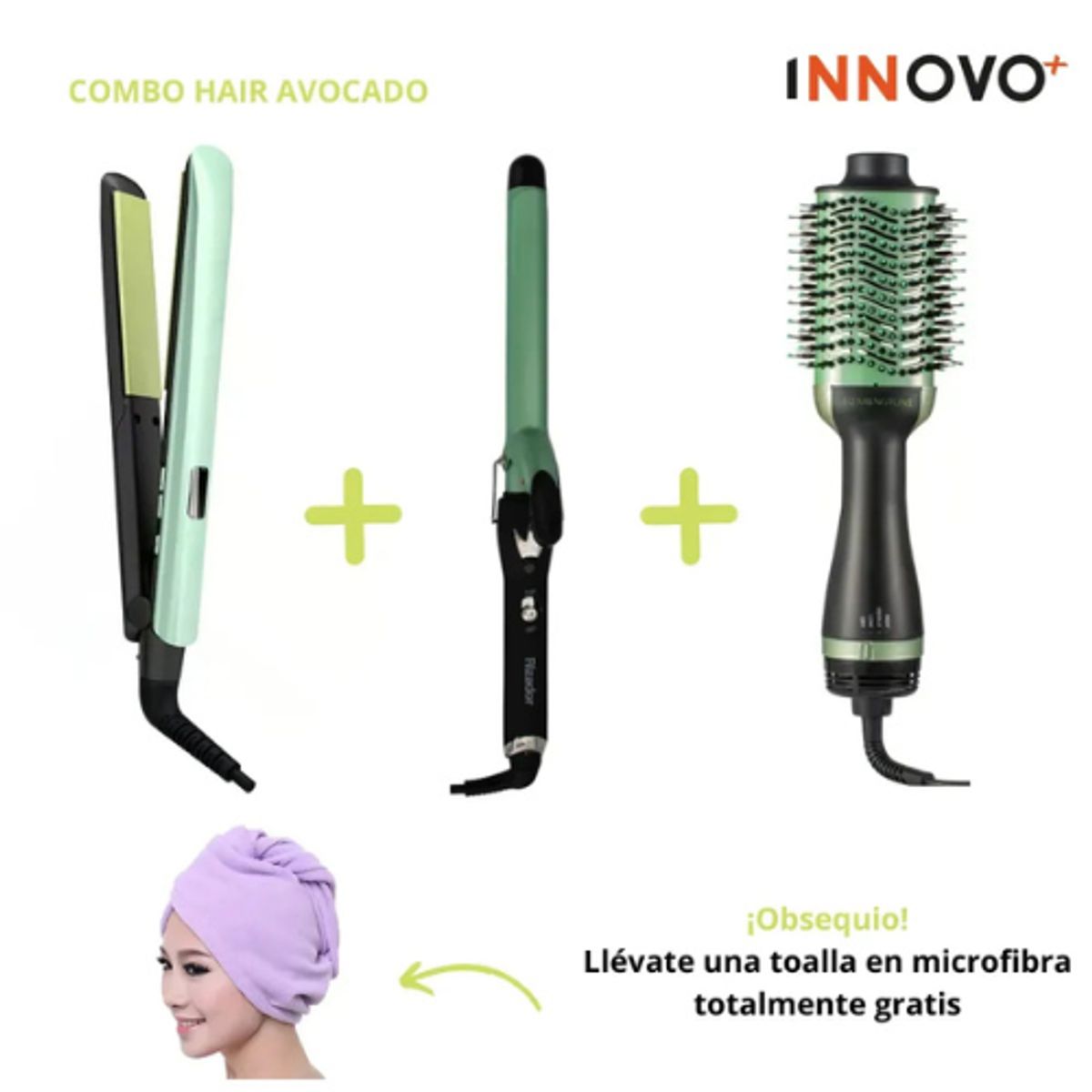 INNOVA - Combo Hair Avocado Cepillo Secador+ Plancha + Rizadora Tubo + Obsequio