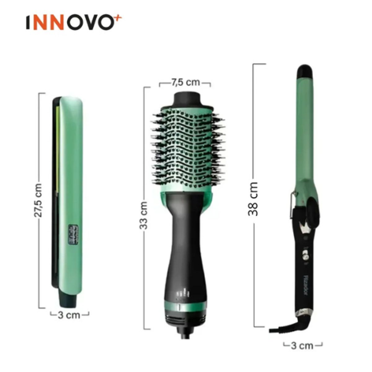INNOVA - Combo Hair Avocado Cepillo Secador+ Plancha + Rizadora Tubo + Obsequio