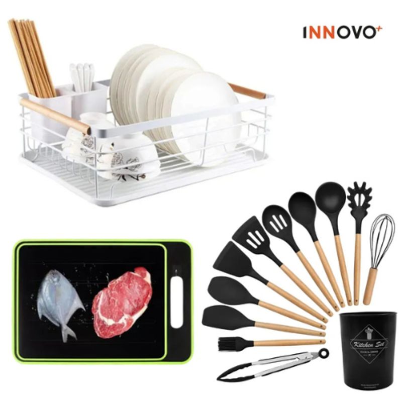 INNOVA - Combo Platero Escurridor Mangos Madera + Tabla Picar Carne +Utensilios