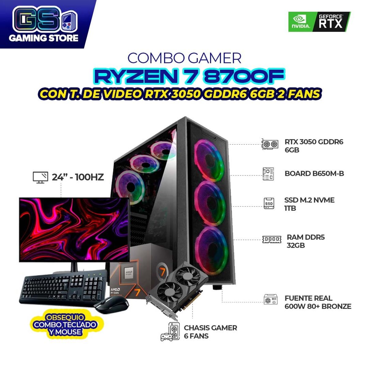 AMD - PC GAMER R7 8700F RTX3050 6GB RAM 32GB DDR5 SSD 1TB BOARD B650 + MONITOR 24 FHD