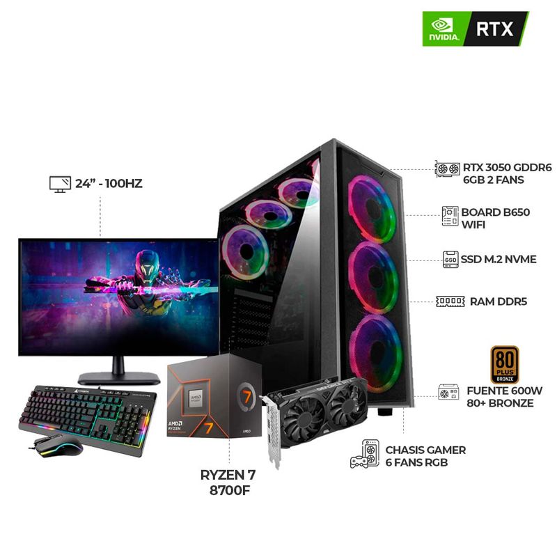 AMD - PC GAMER R7 8700F RTX3050 6GB RAM 16GB DDR5 SSD512GB BOARD B650 + MONITOR 24 FHD