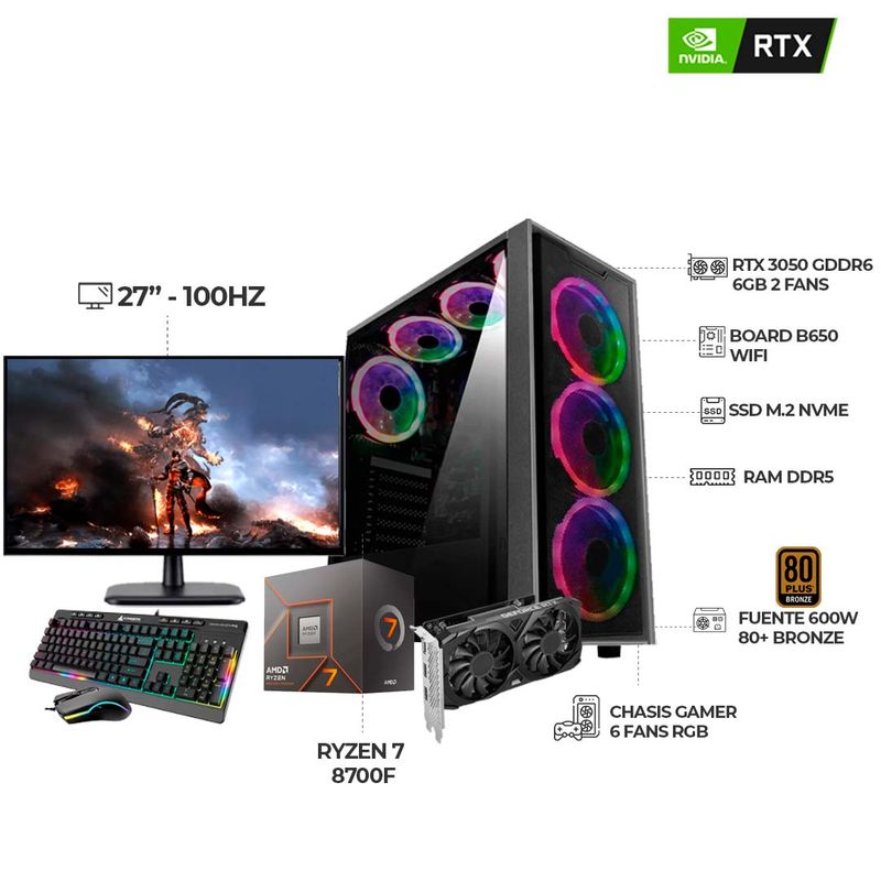 AMD - PC GAMER R7 8700F RTX3050 6GB RAM 64GB DDR5 SSD 1TB BOARD B650 + MONITOR 27 FHD
