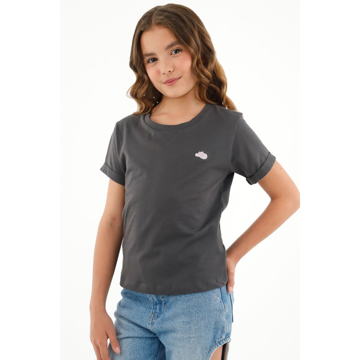 TENNIS - Camiseta gris con mini bordado para niña